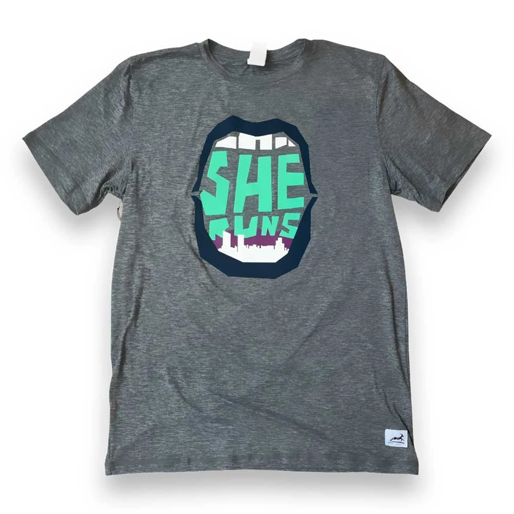 Unisex She Runs GR Mouth Skyline Perf Tech SS - Heather Gray/Navy/Pink 1 Unisex She Runs GR Mouth Skyline Perf Tech SS - Heather Gray/Navy/Pink