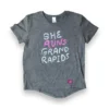 Women's She Runs GR Playful Script Perf Tech SS - Heather Gray/Light Gray/Pink