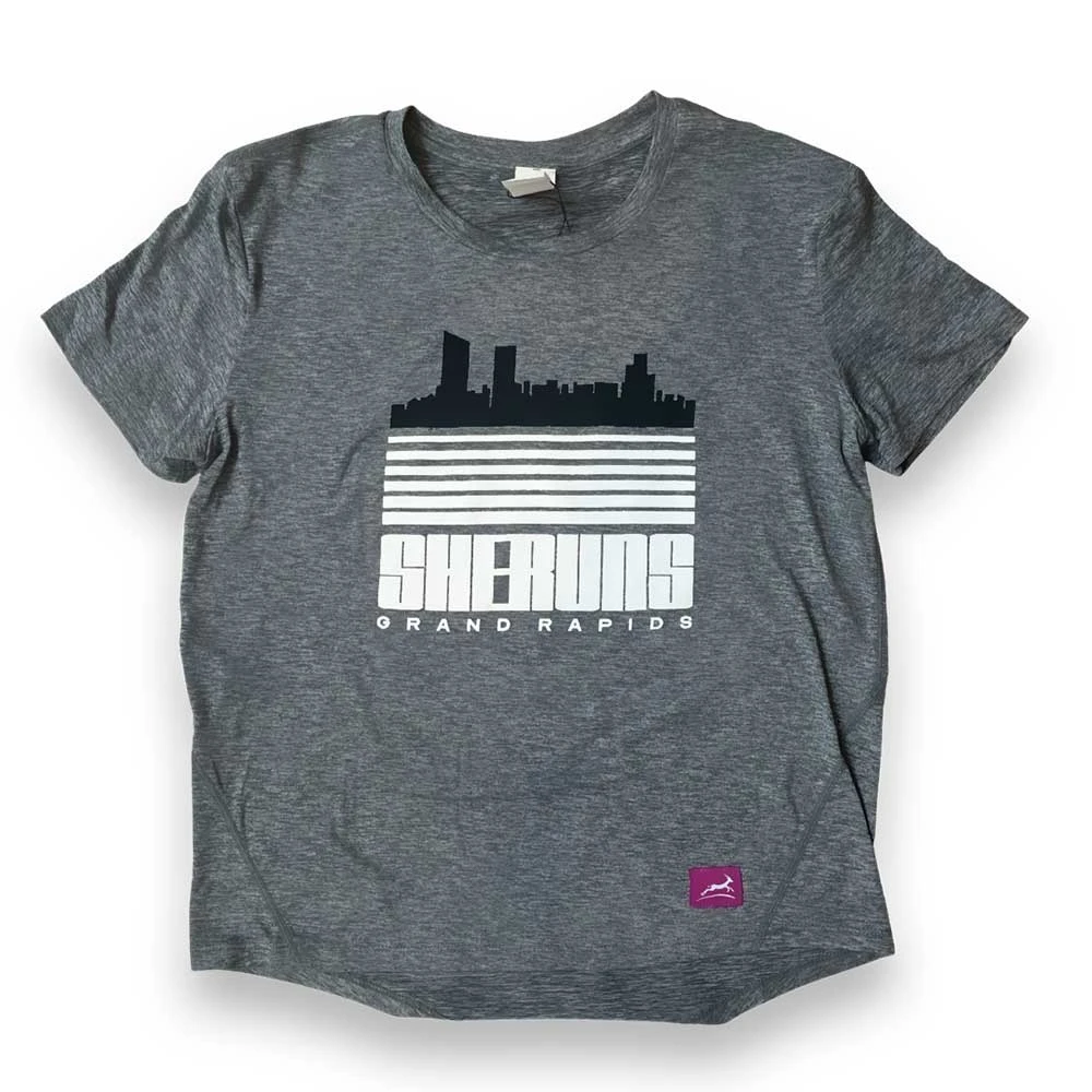 Women's She Runs GR Skyline Blinds Perf Tech SS - Heather Gray/Black/White 1 Women's She Runs GR Skyline Blinds Perf Tech SS - Heather Gray/Black/White